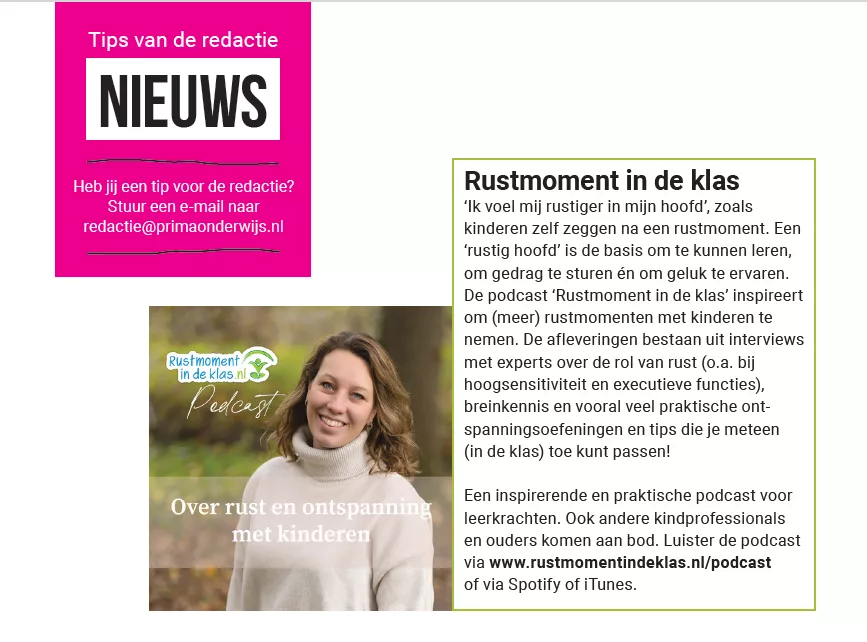 Vermelding van de podcast van Rustmoment in de klas.nl in Prima Onderwijs, september 2021